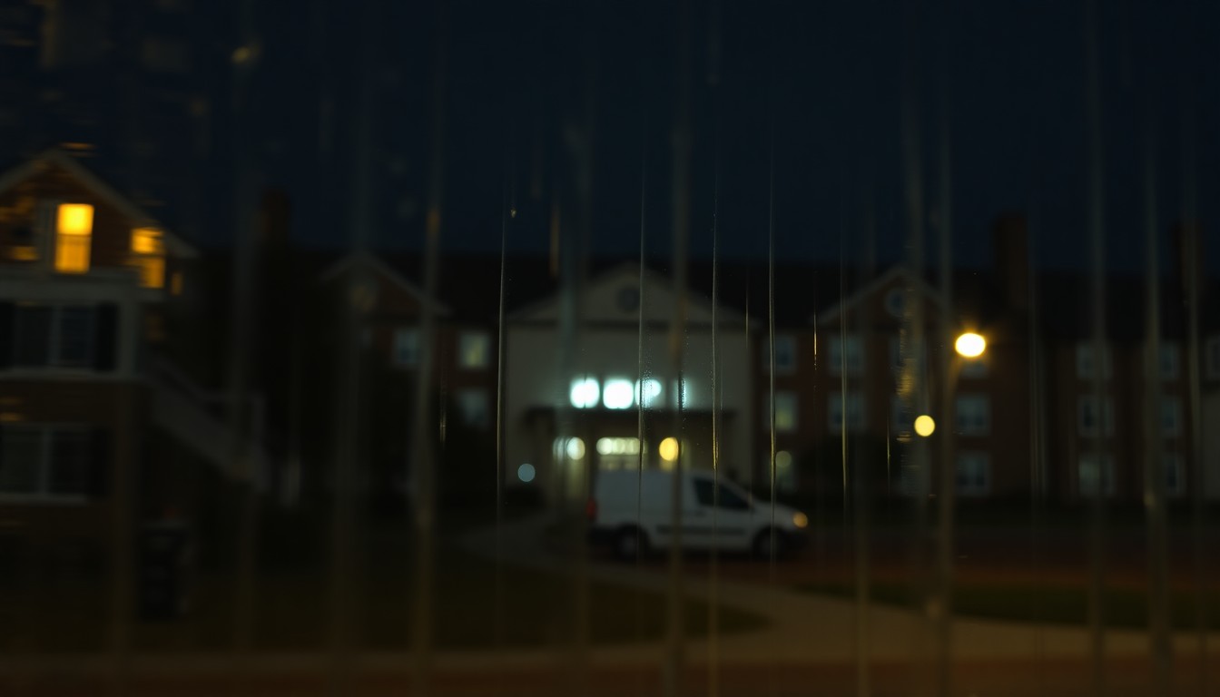 An abstract, impressionistic photograph showing the faint outline of a university building at night, with only a few dim lights visible through the blurred, rain-streaked glass, conveying a sense of disruption and uncertainty caused by a campus-wide power outage.