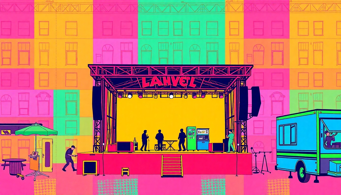 A brightly colored, high-contrast silkscreen print of an iconic downtown Lafayette landmark such as a live music stage, fitness equipment, or a food truck, repeated in a tight grid pattern, capturing the energy and diversity of the weekend's events.