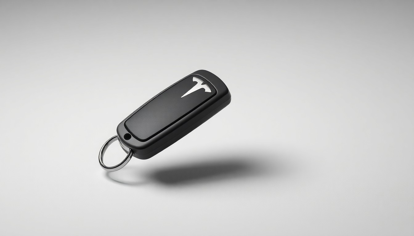A highly detailed, photorealistic studio photograph of a sleek, metallic Tesla car key floating against a clean, monochromatic background, conveying a sense of corporate risk and financial uncertainty.