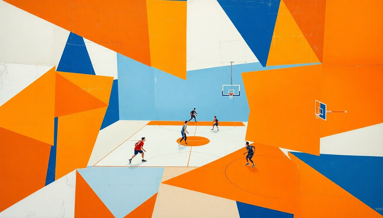 A cubist-style painting featuring fragmented geometric shapes in orange, blue, and white, conceptually representing the strategic planning and teamwork of a basketball coaching staff.