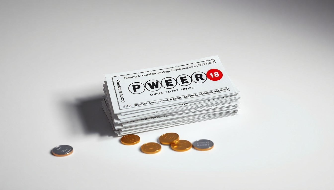A photorealistic studio still life featuring a stack of lottery tickets, a Powerball logo, and scattered coins on a clean, monochromatic background, symbolizing the excitement and potential of the lottery wins.