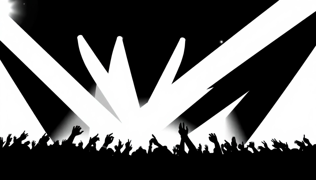 A dynamic, abstract illustration featuring bold, angular black shapes against a stark white background, capturing the energy and excitement of a live music performance.