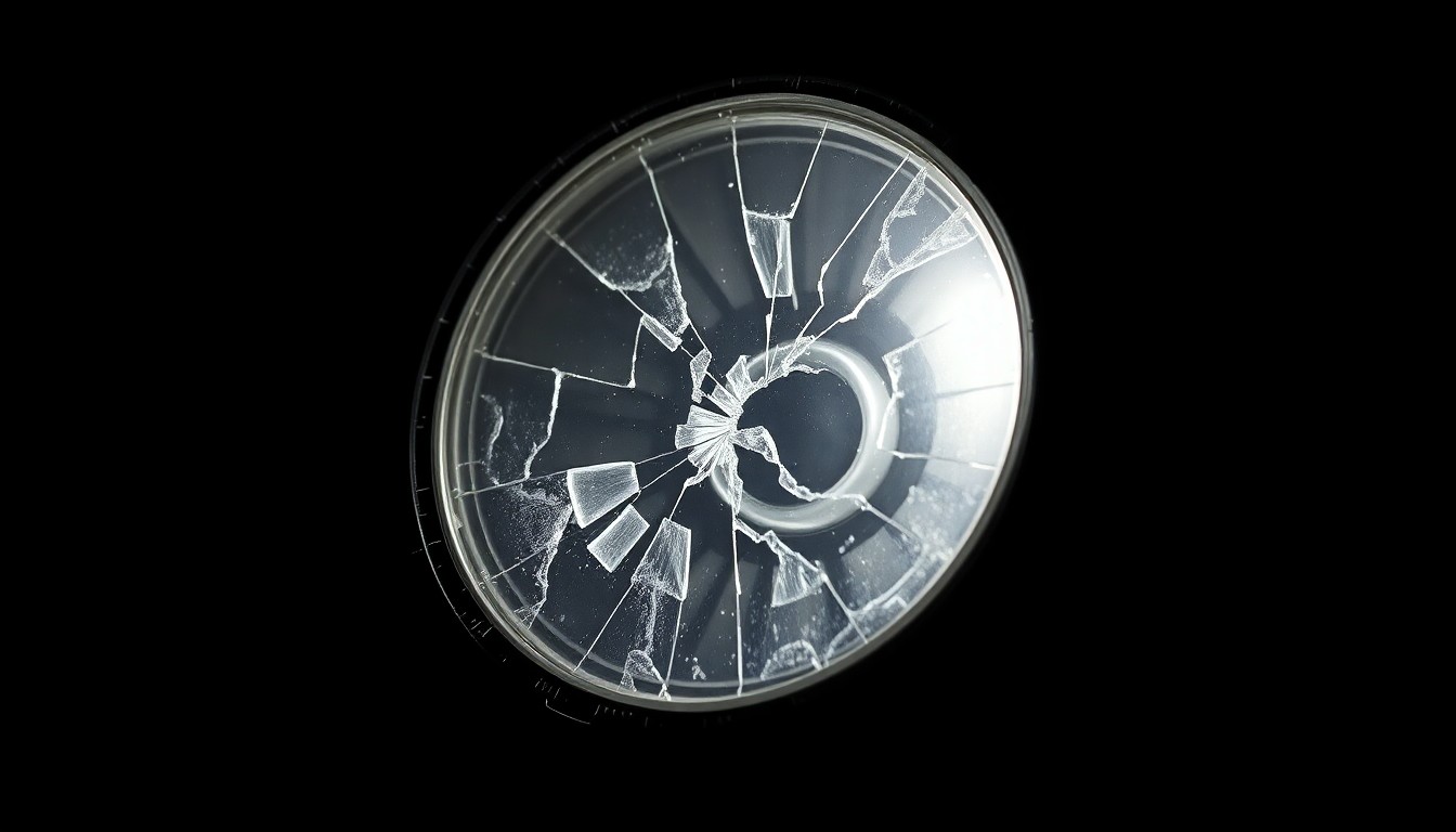 An extreme close-up photograph of a shattered bicycle reflector lens against a pitch-black background, conceptually illustrating the aftermath of a fatal crash between a bicyclist and a car in an urban setting.