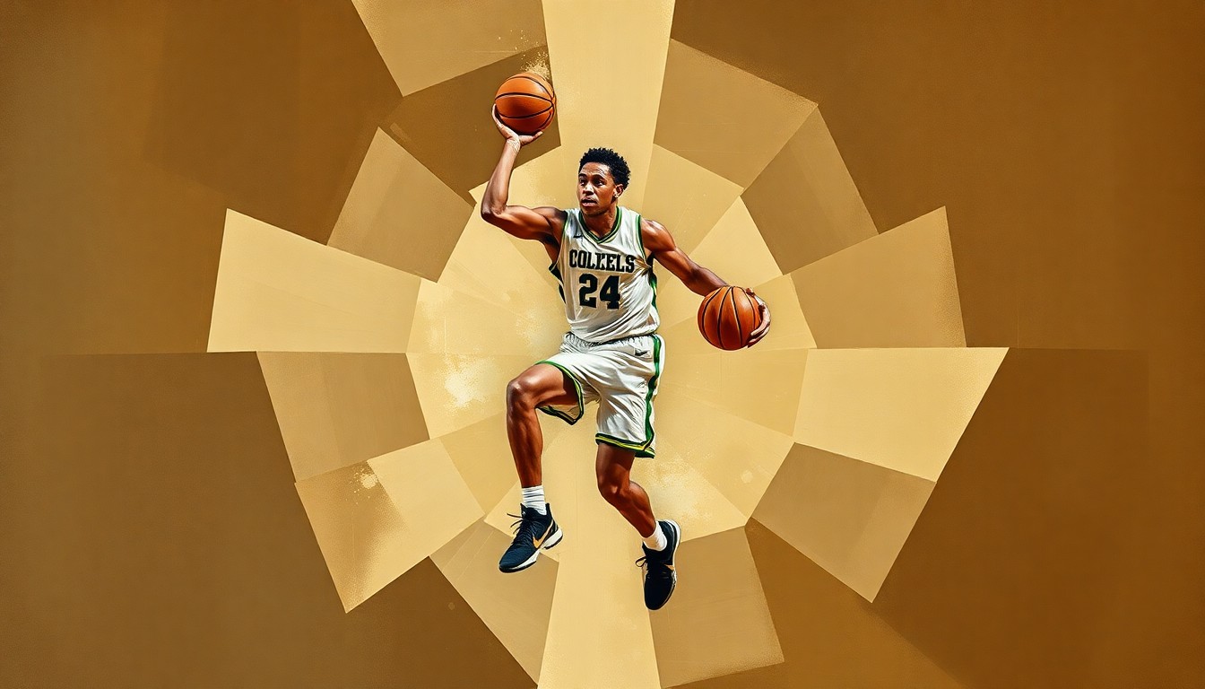 A fractured, cubist-style painting depicting a college basketball player in motion, broken down into sharp, overlapping geometric shapes in muted earth tones, conceptually representing the challenges of retaining young talent in the modern transfer portal era.