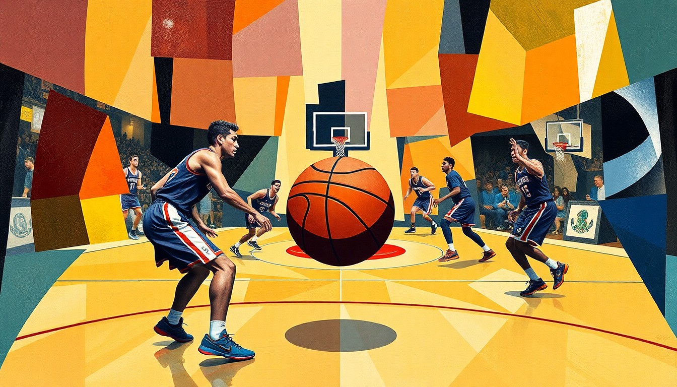 A fractured, geometric painting depicting the dynamic movements and energy of a college basketball game, with the ball as the central focal point amidst the abstracted, angular shapes of the players and court.