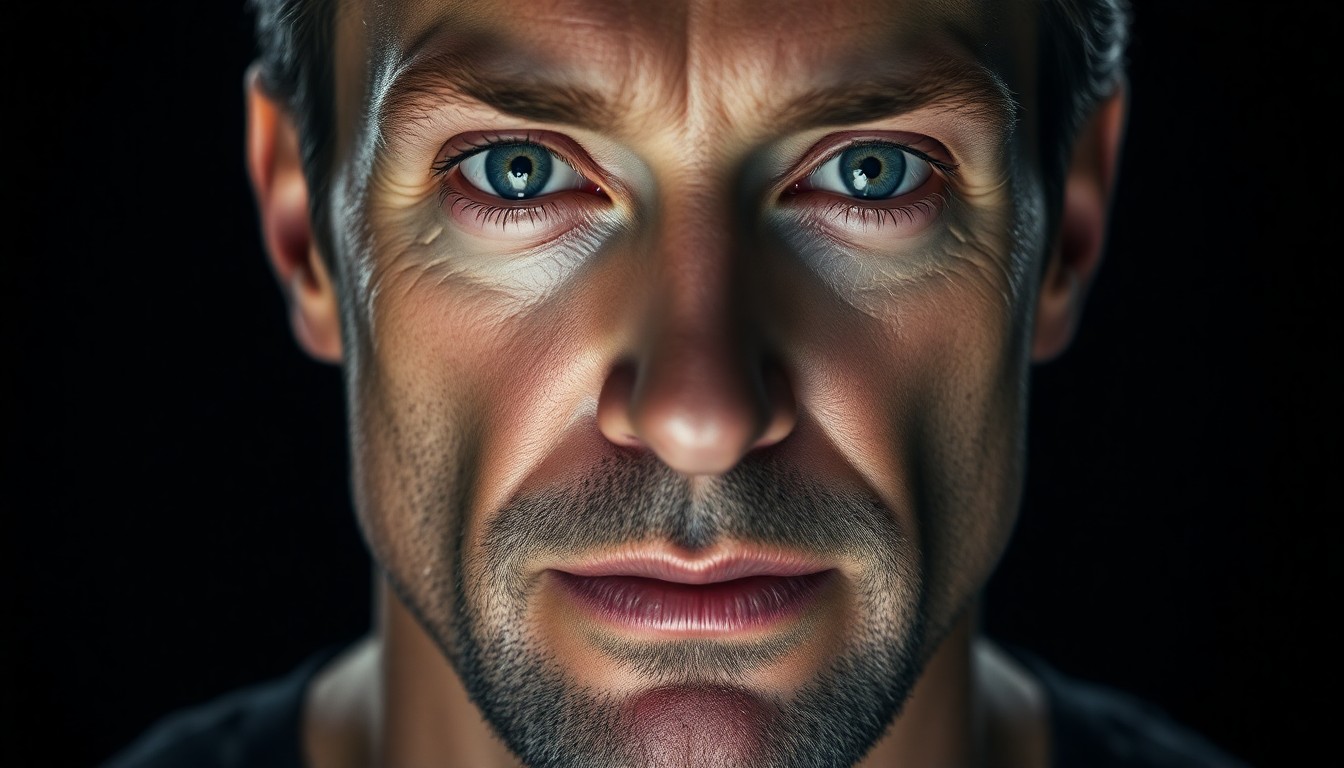 An extreme close-up photograph of Hugh Jackman's face, capturing the actor's rugged yet refined facial features in dramatic, high-contrast studio lighting that creates a glitzy, high-fashion aesthetic.