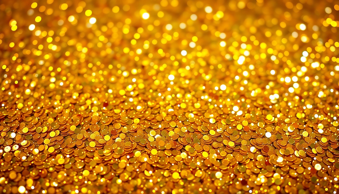 An extreme macro photograph of shimmering, glittering gold sequins, capturing the luxurious, high-energy aesthetic of a live comedy performance.