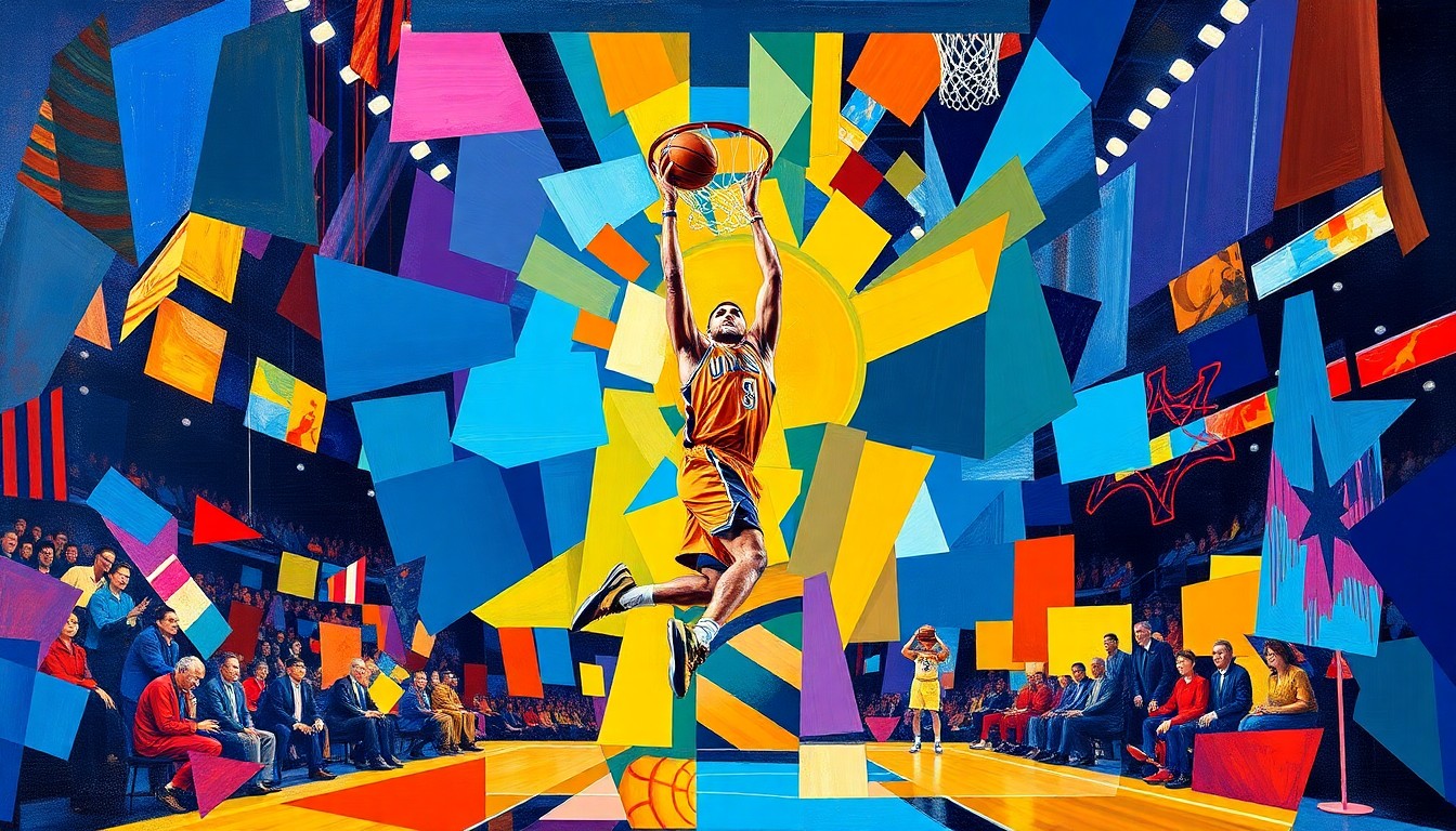 A fragmented, cubist-style painting depicting a basketball player in mid-jump, the ball arcing through the air, surrounded by sharp, overlapping geometric shapes in the team colors of the Suns and Rockets, conceptually representing the controversy over a high-profile trade.