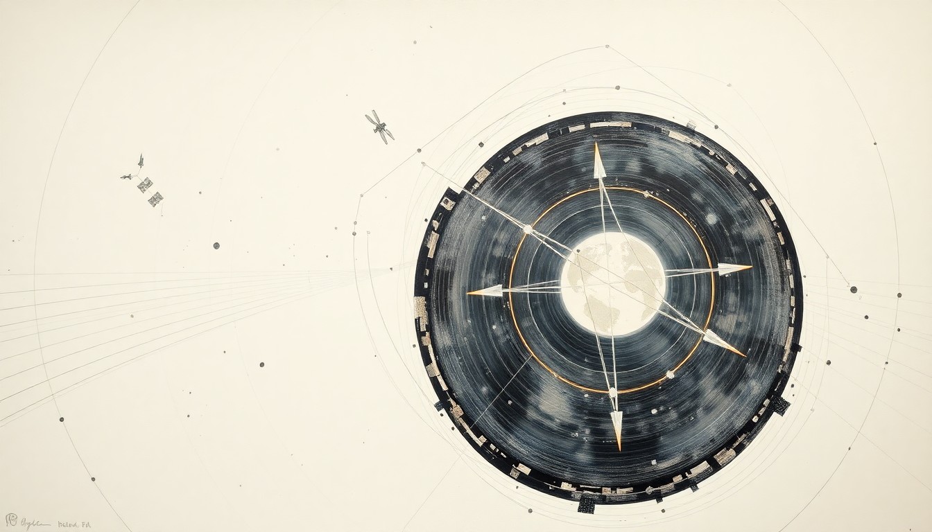 A highly structured abstract painting in soft blues, greens, and grays, featuring sweeping geometric arcs, concentric planetary circles, and precise celestial spirals, conceptually representing the complex orbital mechanics and gravitational forces involved in the Artemis II mission's record-breaking journey to the far side of the Moon.