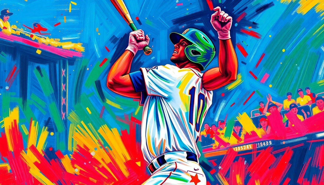 An abstract, expressionist painting using bold, neon-colored brushstrokes to depict the intense, celebratory energy of a baseball player hitting a home run and reacting with raw emotion.