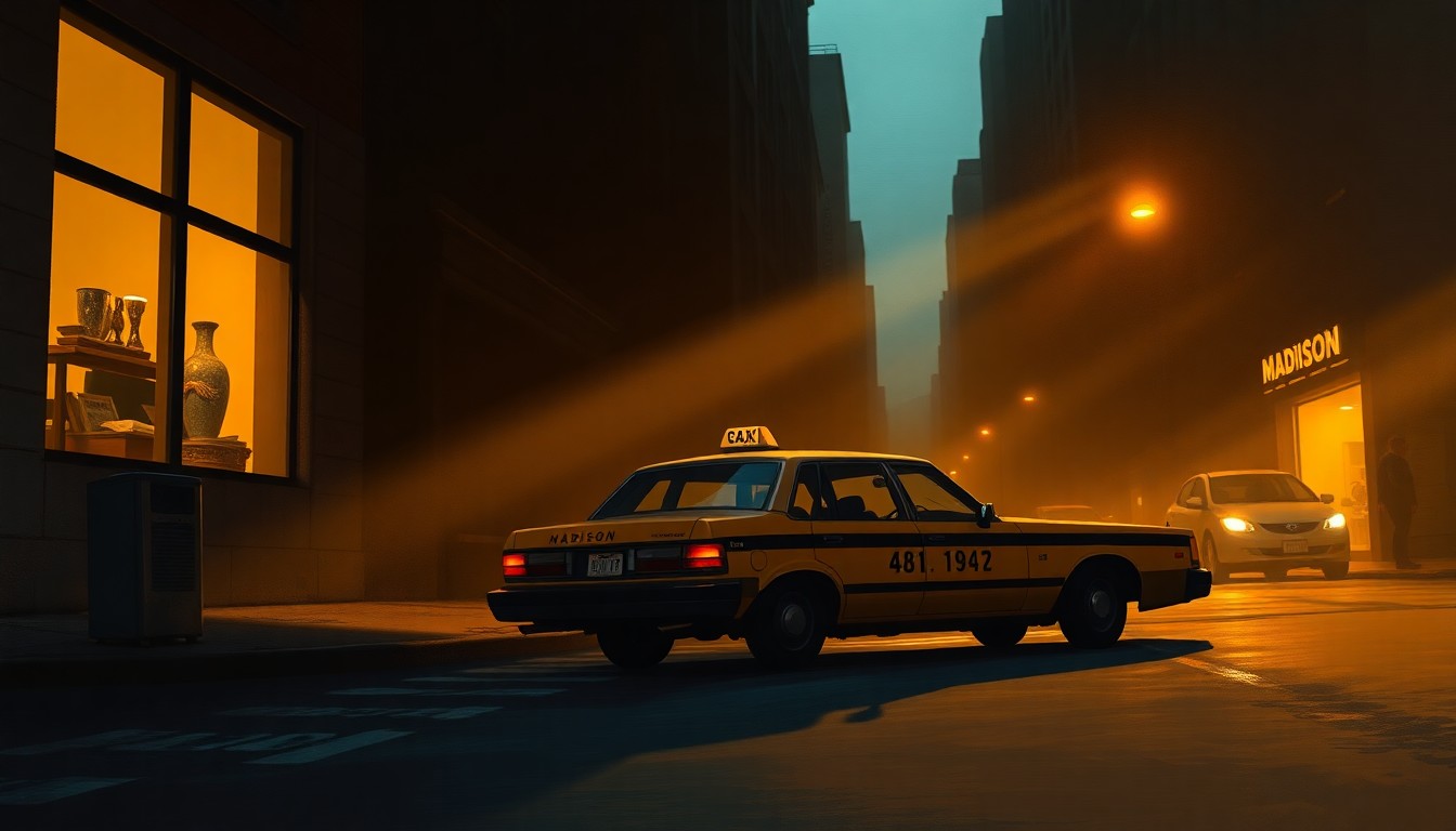 A dimly lit city street scene with a solitary Madison cab parked on the curb, the vehicle's form and shadows rendered in a cinematic, nostalgic painting style.