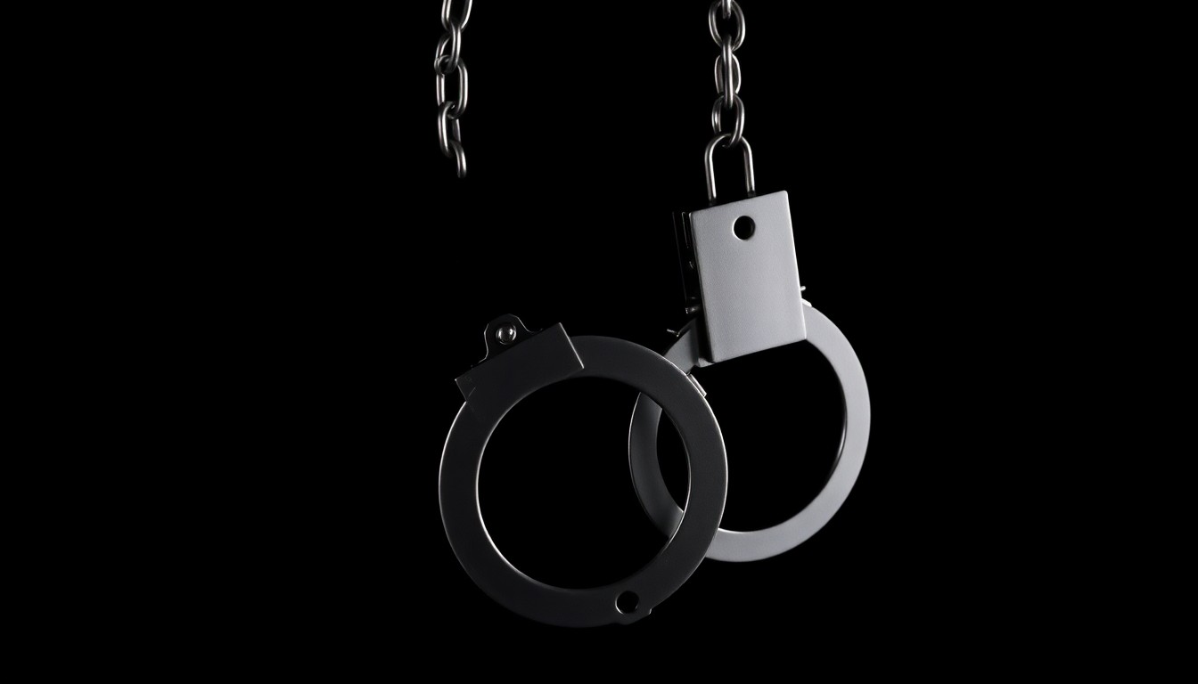 An extreme close-up photograph of a pair of handcuffs against a pitch-black background, lit by a harsh, direct camera flash, conceptually representing the legal system's role in seeking justice for victims of sexual abuse and assault.