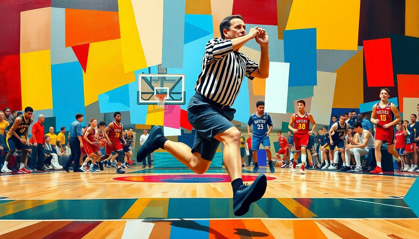 A cubist, geometric painting depicting a college basketball referee in motion, with their figure broken down into sharp, overlapping shapes and planes of vibrant colors, capturing the energy and movement of the game.