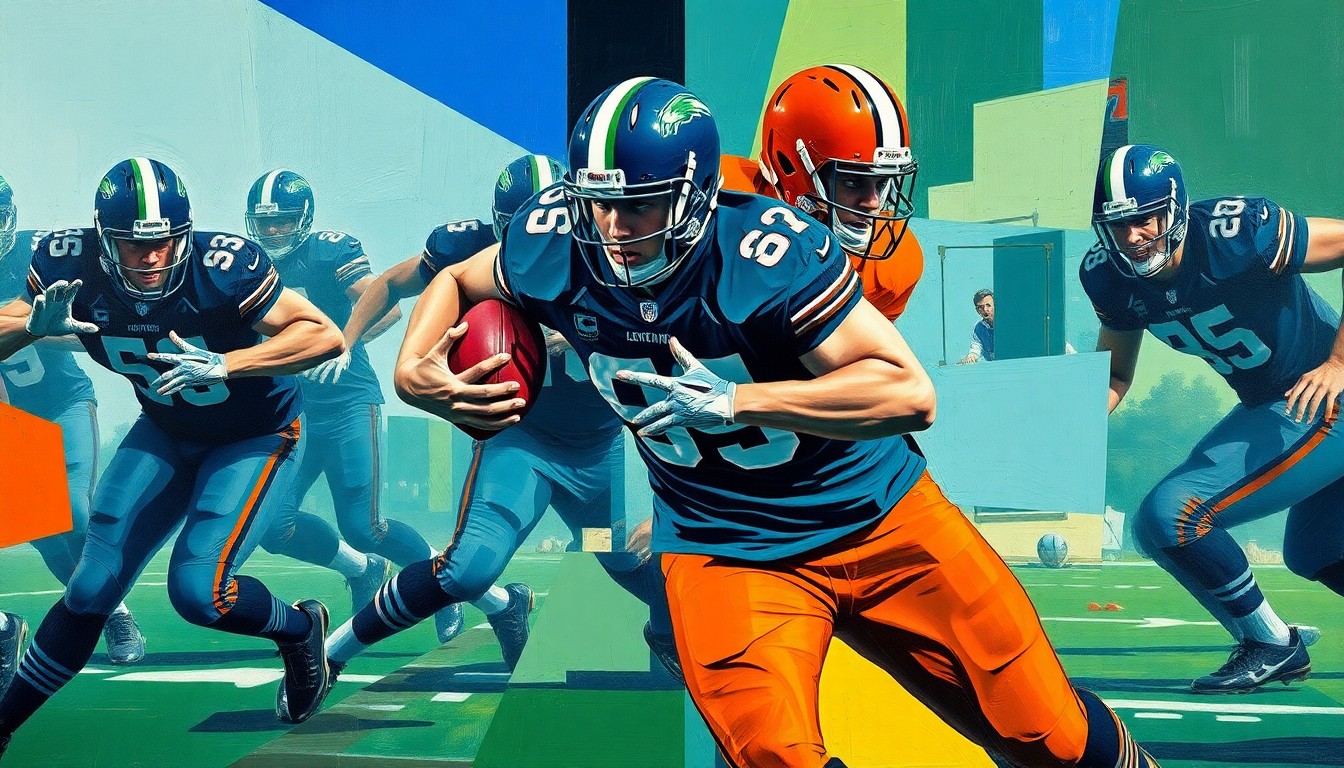 A cubist-style painting depicting a football player in the midst of a pass rush, with sharp, overlapping geometric shapes in navy, green, and orange, conveying the dynamic and high-stakes nature of the Bears' draft decision.