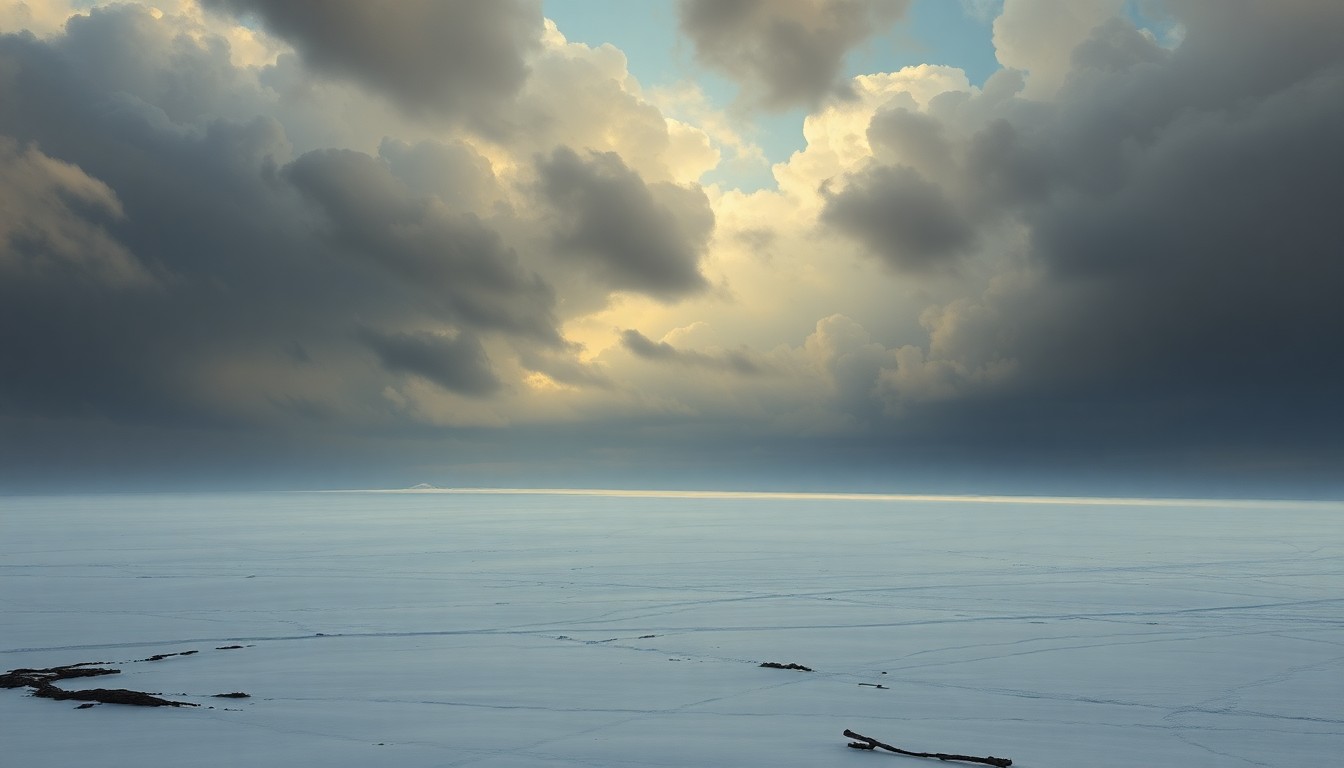 A sweeping, atmospheric landscape painting in muted tones of white, grey, and blue, depicting a vast, snow-covered expanse under a dramatic, cloudy sky. The scene conveys the overwhelming scale and sublime beauty of the natural world, with any physical structures or objects obscured by the weather.