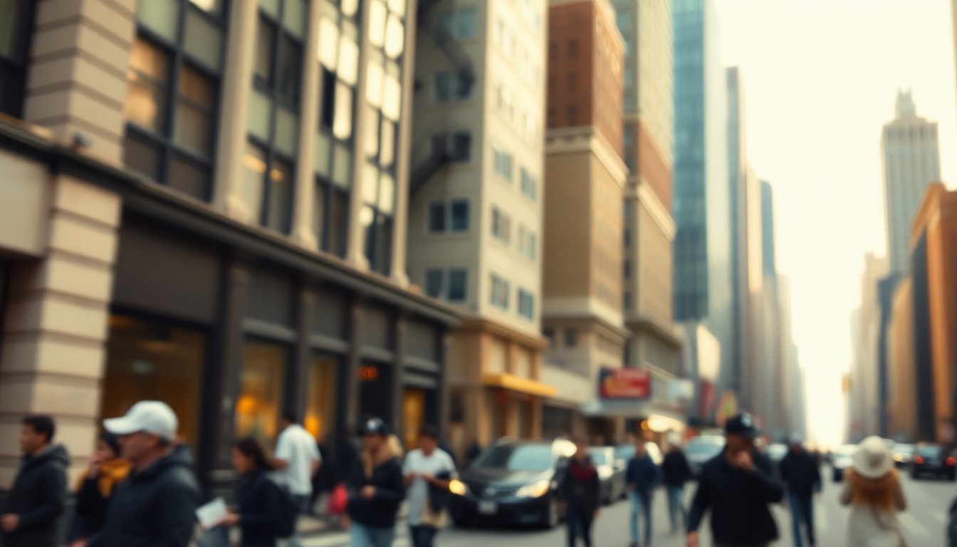 An abstract, impressionistic scene of a busy city street, with only hints of people and buildings visible through a hazy, warm filter, conveying the sense of a city in transition and the need for a midday pause.
