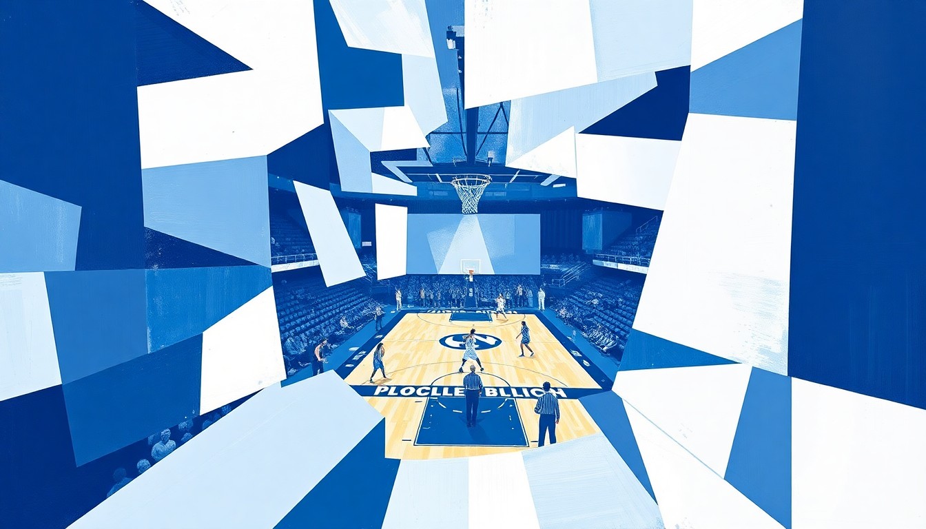 A cubist, geometric painting depicting a fragmented basketball game, with sharp, overlapping planes of light blue, white, and navy colors representing the University of North Carolina's team colors.