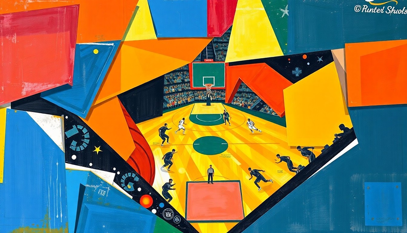 A fragmented, geometric painting in the style of Pablo Picasso, with overlapping shapes and planes of color representing the motion and intensity of a basketball game, hockey match, or baseball game.
