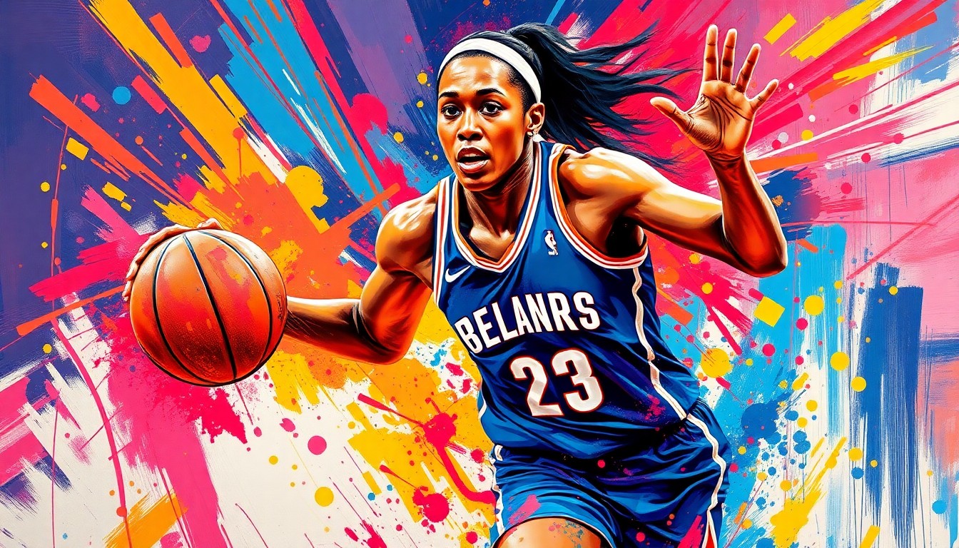 An abstract, expressionist painting featuring bold, neon-colored brushstrokes that capture the dynamic movement and energy of a basketball player, with their features obscured in a vibrant, textured composition.