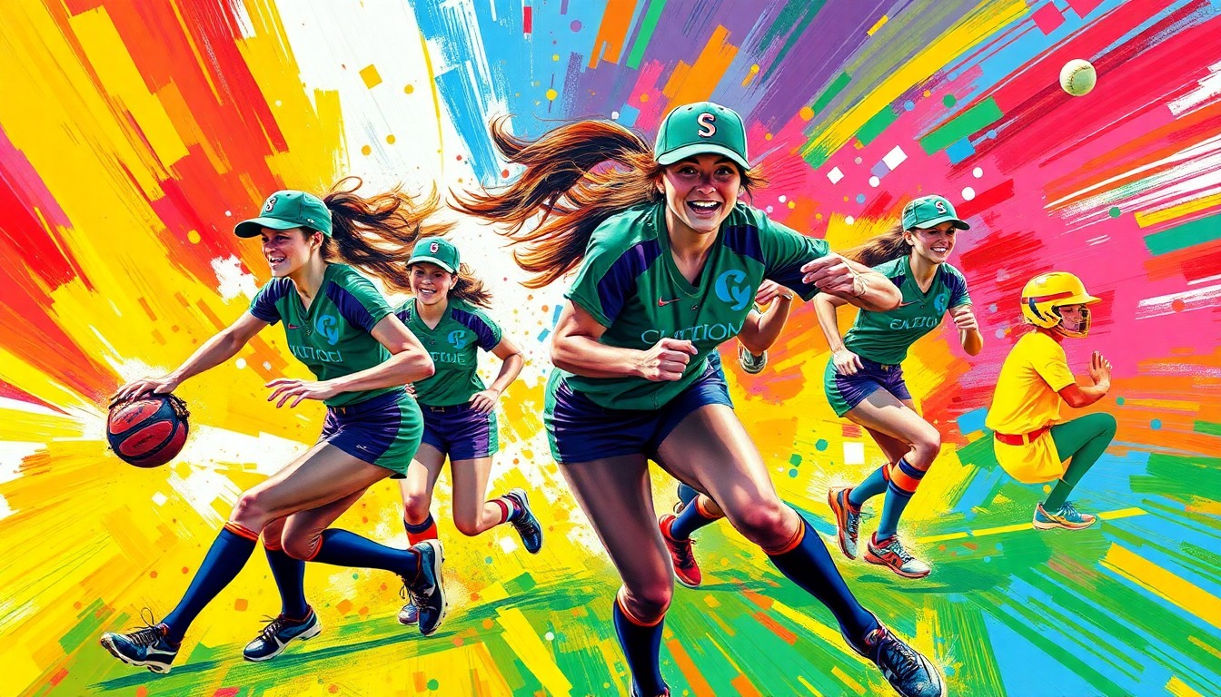 An abstract, expressionist painting in neon colors capturing the intense energy and movement of a high school softball game, with no recognizable faces or logos.