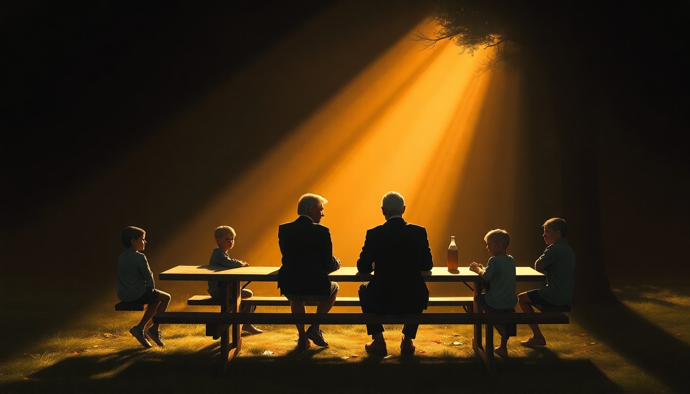 A serene, cinematic painting depicting a solitary political figure sitting at a picnic table with a group of children, the scene bathed in warm, diagonal sunlight and deep shadows, conceptually illustrating the inappropriate politicization of a family-focused event.