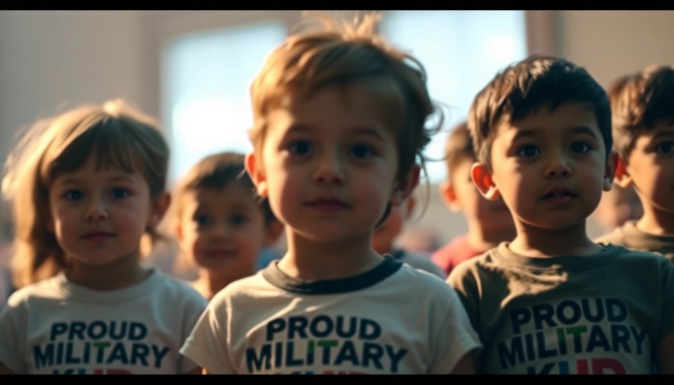 An abstract, out-of-focus photograph featuring a group of children wearing bright t-shirts, their faces obscured in a warm, dreamy light, conceptually representing the Foundation's efforts to honor military-connected youth.