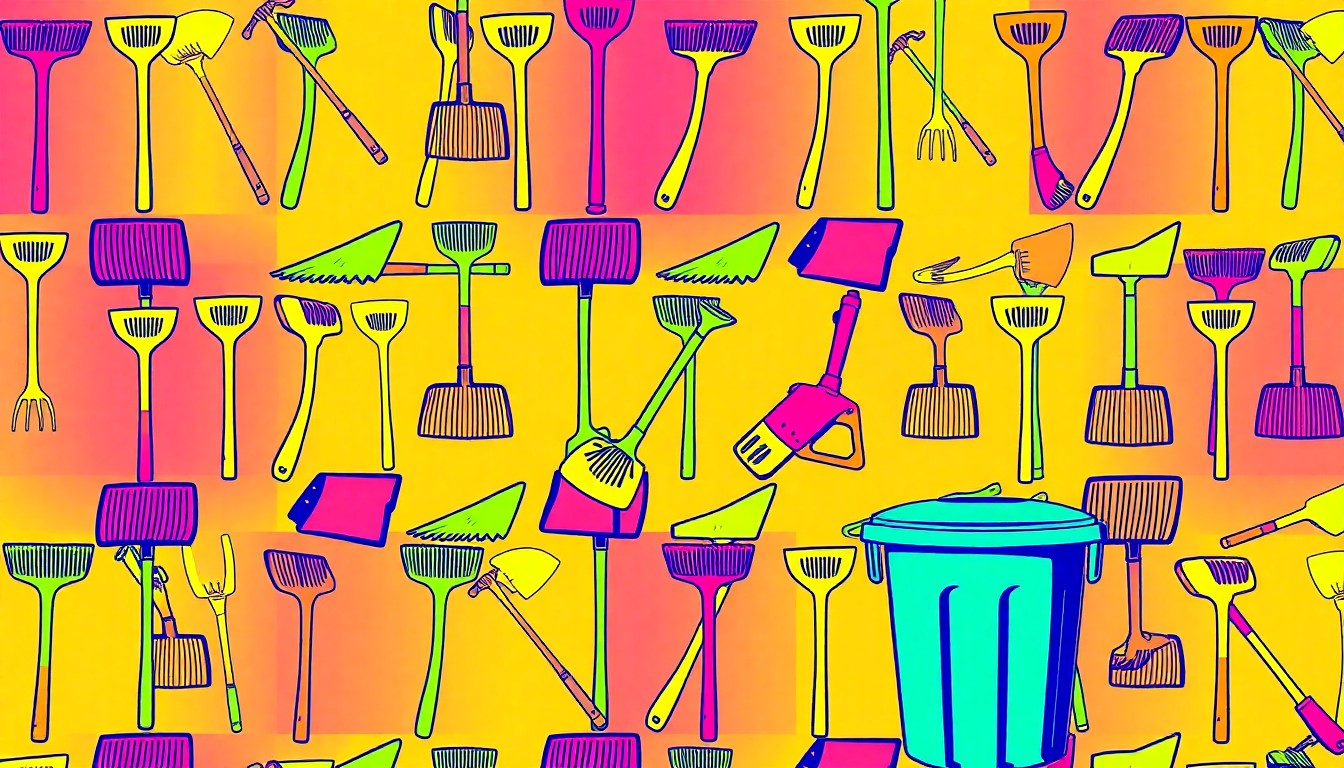 A bold, colorful silkscreen print featuring repeated images of a rake, lawn mower, and compost bin in a vibrant, pop art style, conceptually representing the city's seasonal yard waste collection efforts.