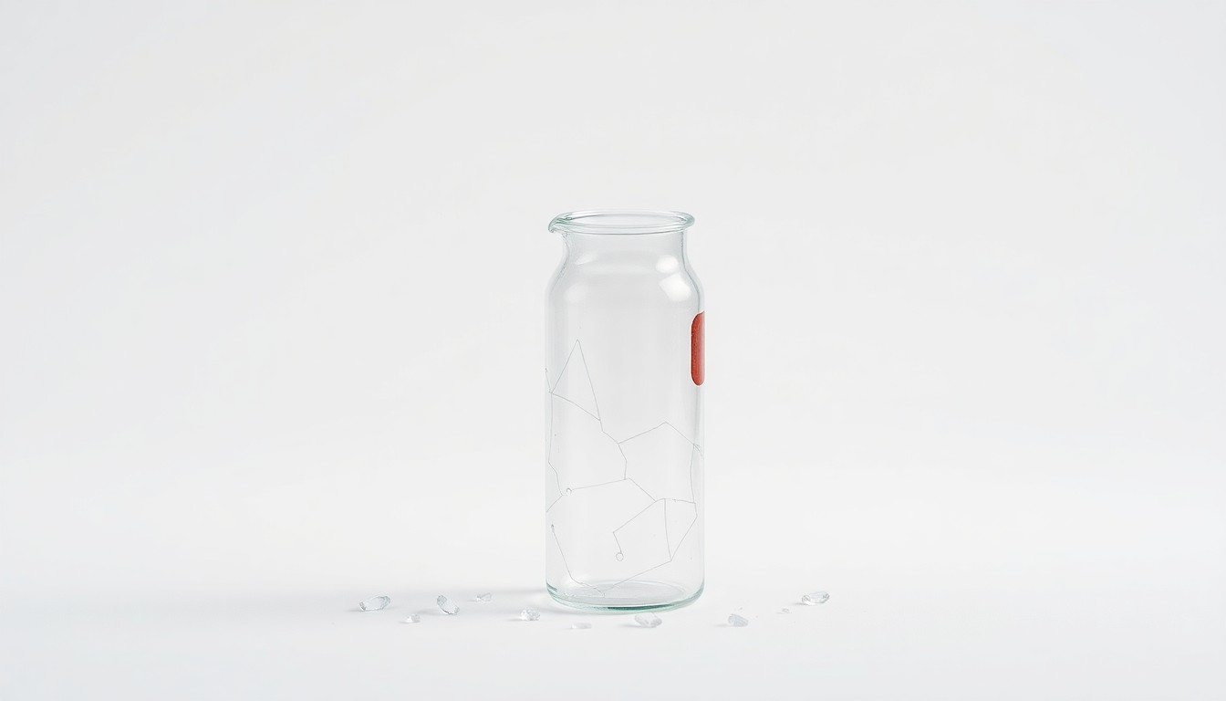 A photorealistic studio still-life image featuring a shattered glass vial or beaker on a clean, monochromatic background, conceptually representing the unreliable drug trial results that led to the class action lawsuit against Aldeyra Therapeutics.