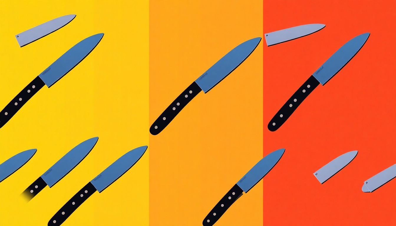 A brightly colored, high-contrast silkscreen print of a single, iconic kitchen knife repeated in a tight grid pattern, capturing the everyday cooking tool as modern pop art.