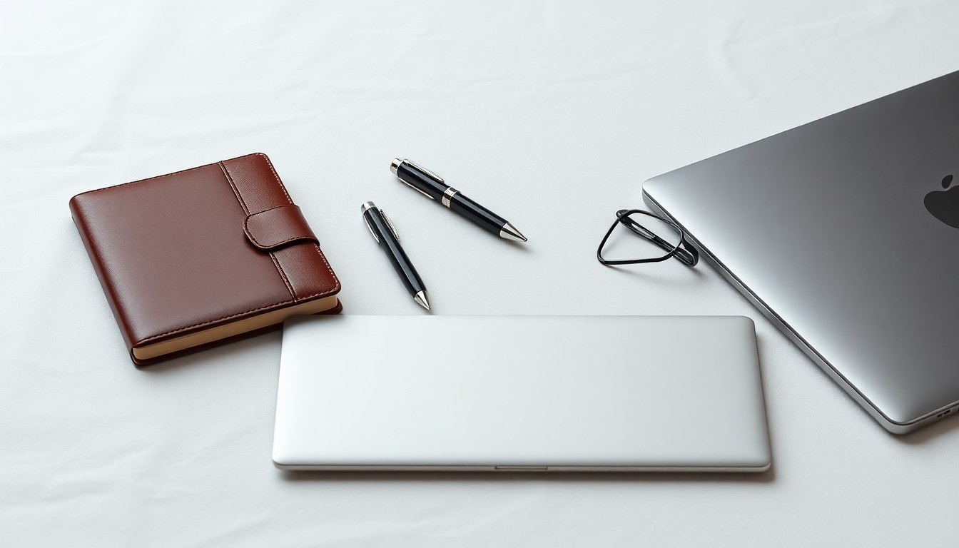 A high-end, photorealistic studio still-life photograph featuring a collection of polished business objects like a leather-bound notebook, metal pen, and sleek laptop, arranged elegantly on a clean, monochromatic background to conceptually represent the structured, strategic approach of BAILOR GROUP's small business coaching program.
