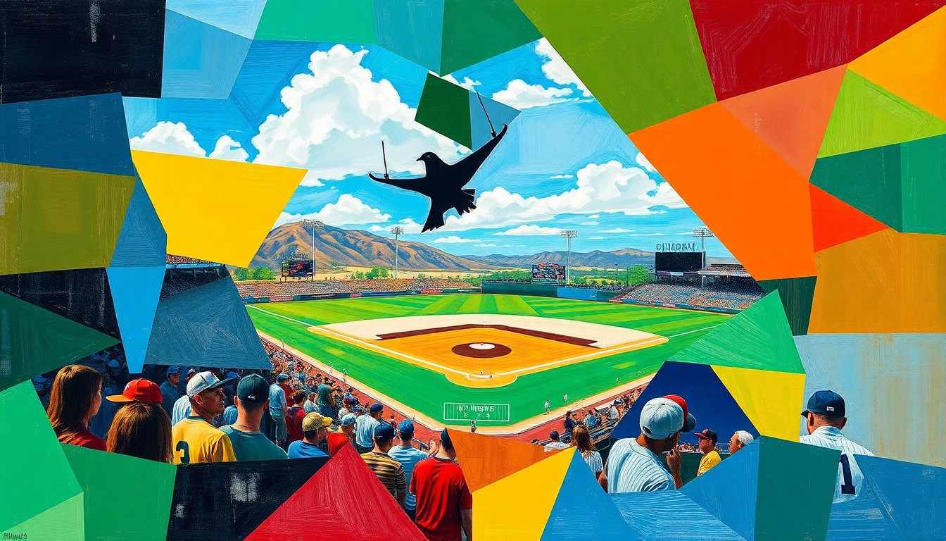 A fragmented, geometric painting depicting the motion and energy of a high school baseball game, with overlapping planes of color representing the competing teams.