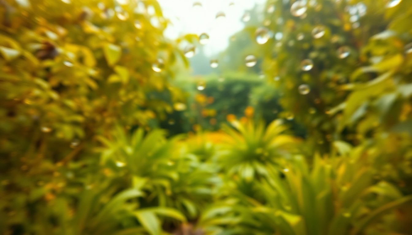 An abstract, impressionistic scene of a lush, overgrown garden in soft, hazy tones of amber, olive, and sage green, conveying the blended aesthetic of native and traditional plants.