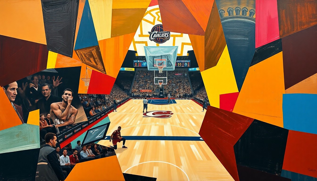 A dynamic, cubist-style painting depicting a basketball game in a fractured, multi-perspective manner, with sharp geometric shapes and planes representing the action on the court.
