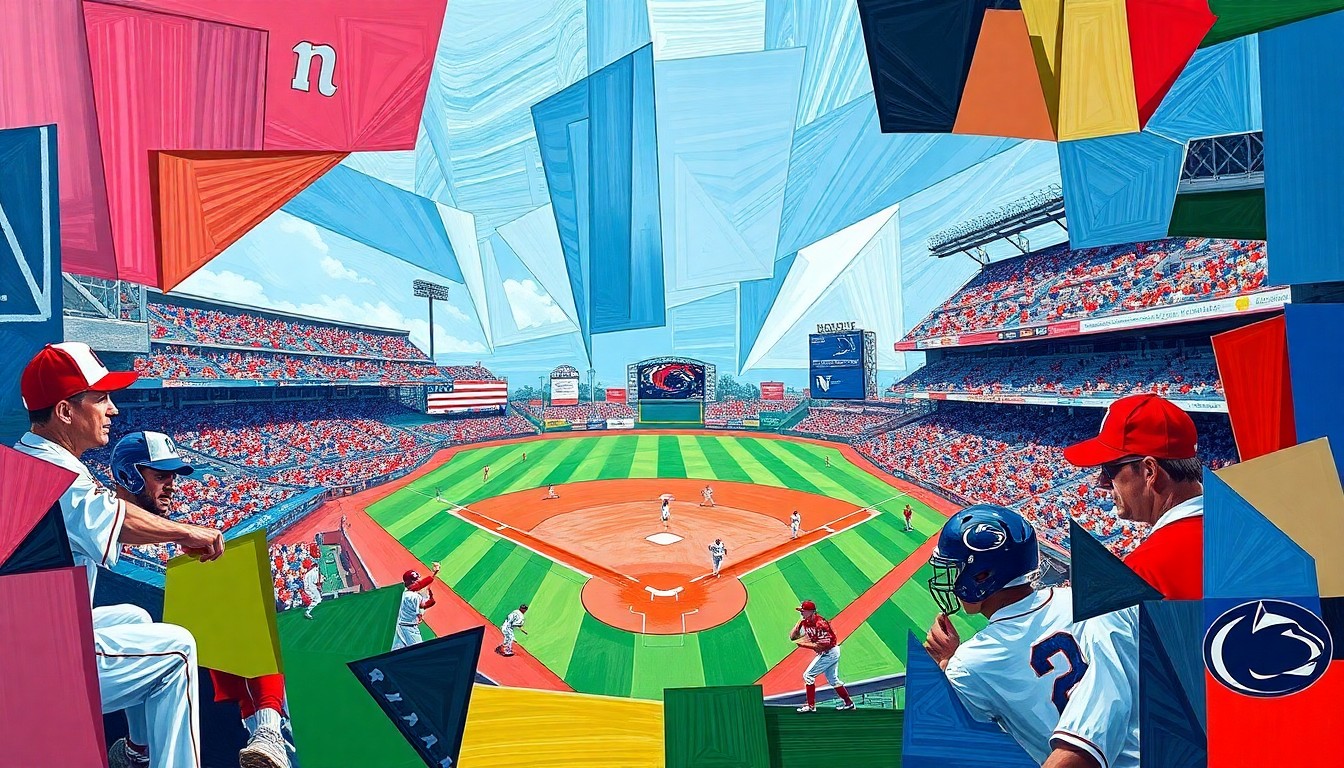A cubist, geometric painting depicting a college baseball game, with overlapping planes of bright red, white, and blue colors representing the uniforms of the competing teams.