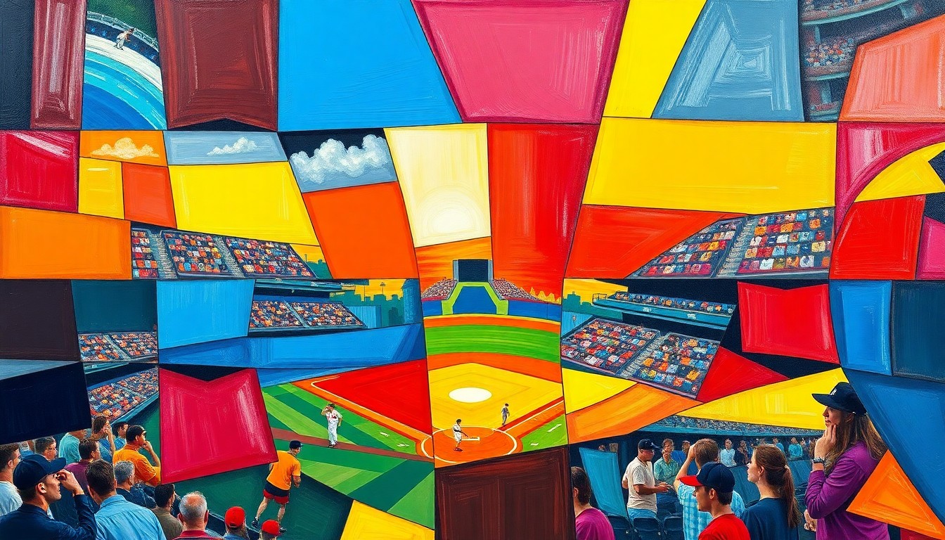 A fragmented, geometric painting depicting a baseball game from multiple angles, with bold colors and sharp, overlapping shapes that capture the dynamic nature of the sport.