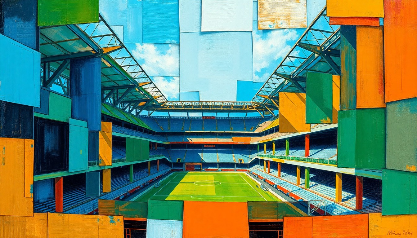 A fractured, cubist-style painting depicting the construction of a new sports stadium, with sharp, overlapping geometric shapes in vibrant blues, greens, and oranges conveying the dynamic energy and multifaceted nature of the project.