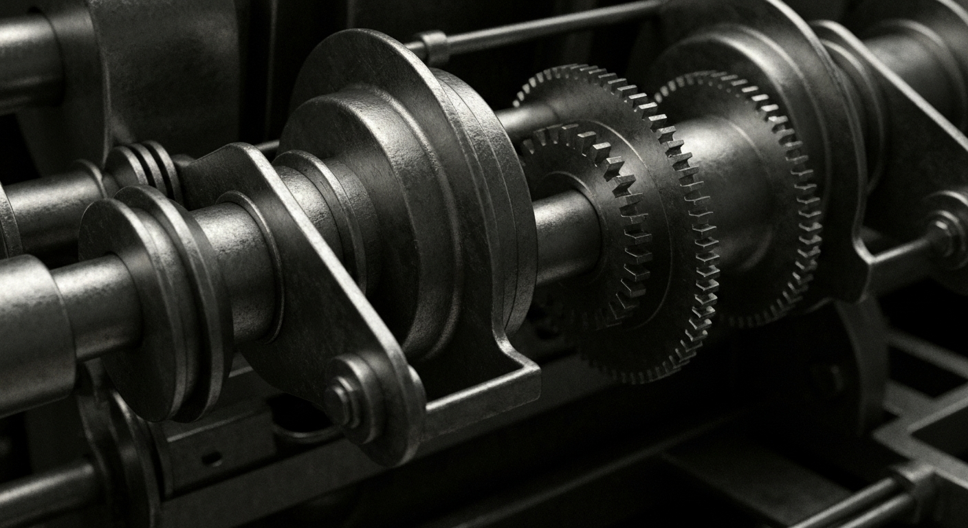 An extreme close-up of the intricate gears and levers of a mechanical tax filing device, rendered in heavy, textured detail to represent the complex financial infrastructure that enables tax preparation and filing.