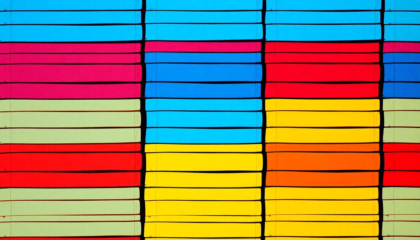 A vibrant, abstract silkscreen print of a repeating pattern of colorful book spines, conceptually representing the literary focus and community spirit of the Port Washington Library's annual fundraising event.