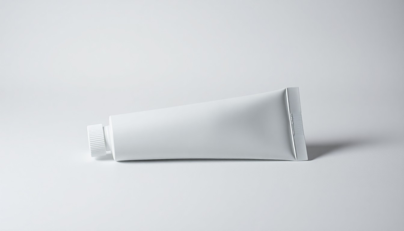A photorealistic studio photograph of a single, premium-looking toothpaste tube with a smooth, matte finish resting on a clean, monochromatic background, using dramatic lighting and deep shadows to convey a sense of refined elegance and corporate sophistication.