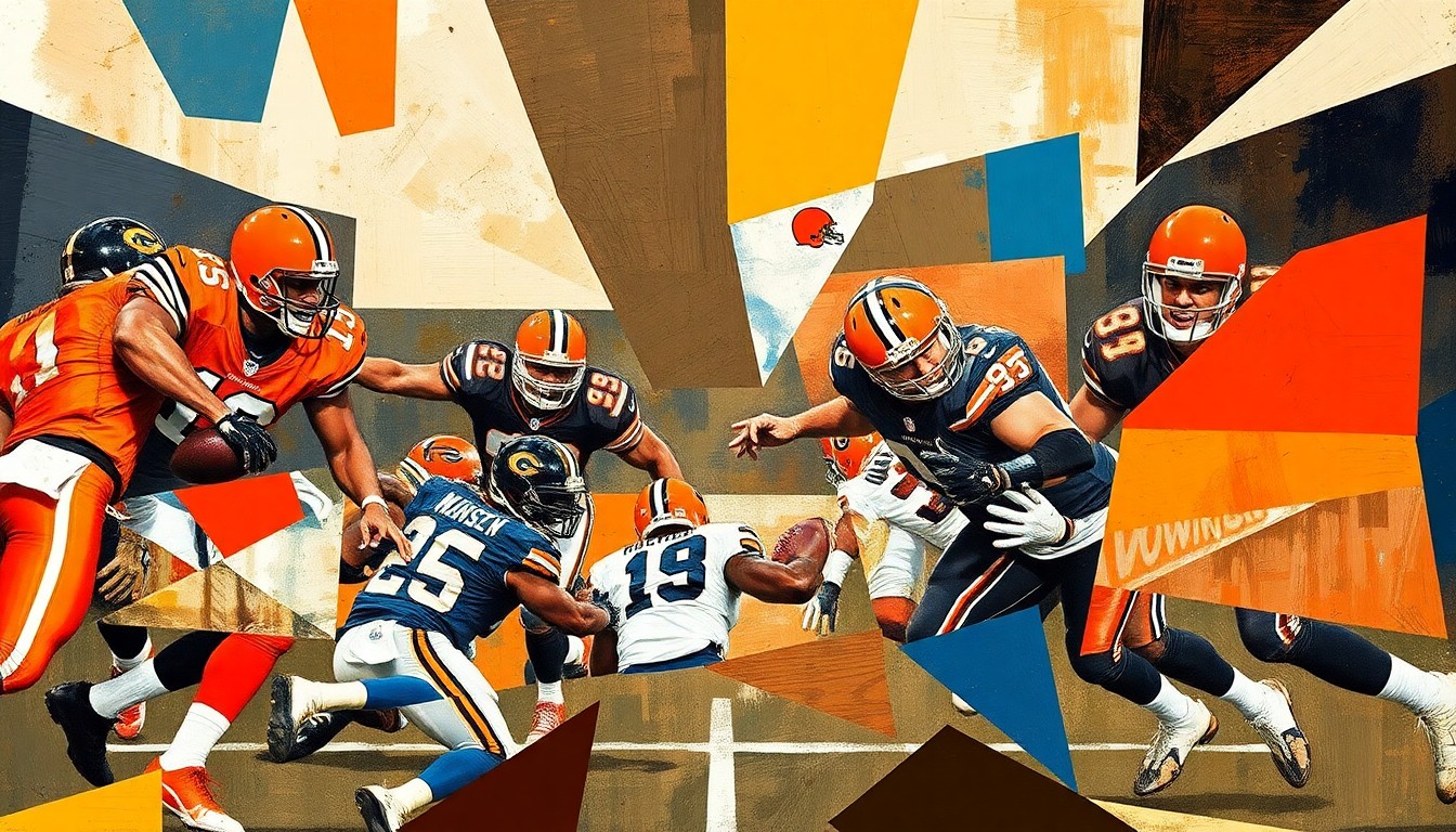A fragmented, geometric painting depicting a football game in progress, with the players' forms broken down into sharp, overlapping shapes in a palette of earthy browns, oranges, and blues, conveying the conceptual tension and uncertainty of the Browns' quarterback situation.