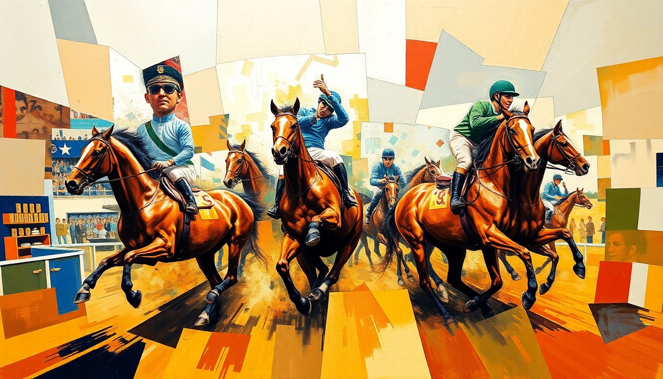 A cubist, geometric painting depicting the energy and movement of an equestrian competition, with overlapping planes of color and form capturing the athleticism and spectacle of the event.