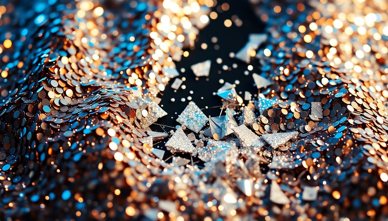 An abstract close-up image of shimmering sequins and shattered glass, capturing the high-fashion glamour and energy of celebrity culture without depicting any specific people or objects.