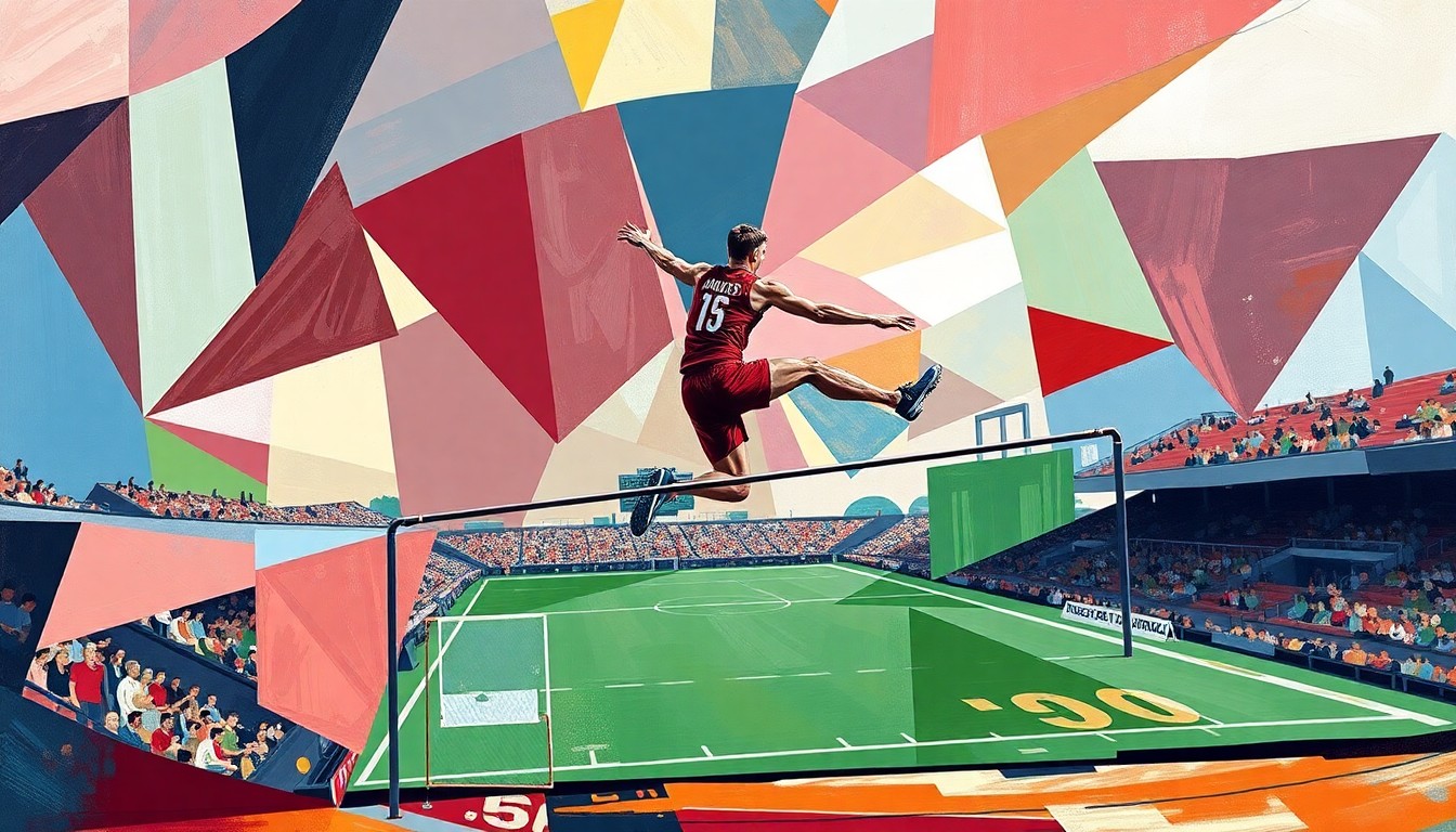 A fractured, geometric painting depicting the high jump event, with sharp planes of maroon and silver colors representing the Montana Grizzlies team. The image conveys the dynamic motion and energy of the sport.