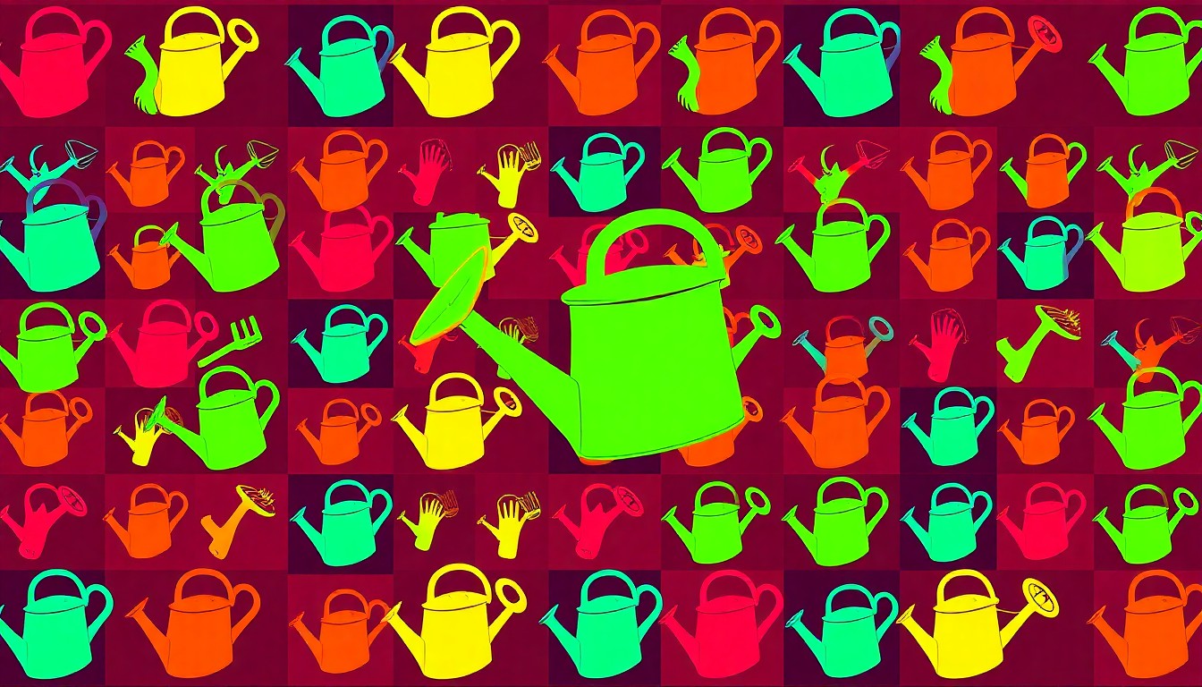 A high-contrast, brightly colored silkscreen print of a gardening tool, such as a watering can or trowel, repeated in a grid pattern to create a modern pop art illustration representing the new garden at Taylor Mountain Elementary School.