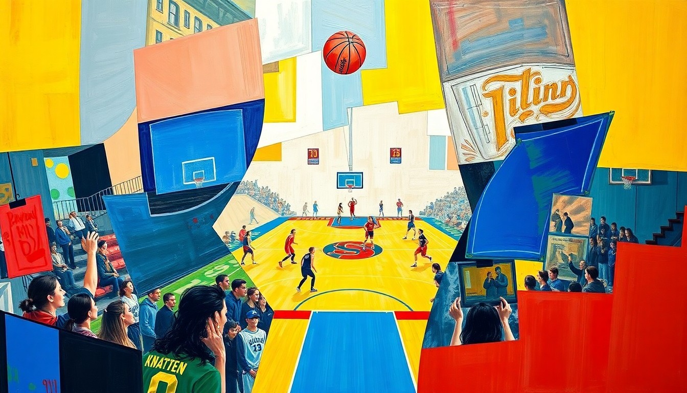 A fractured, cubist-style painting depicting the action and energy of a women's basketball game, with sharp geometric shapes and planes of vibrant colors like blue, yellow, and red, capturing the dynamic nature of the sport and the rising stars about to enter the professional ranks.