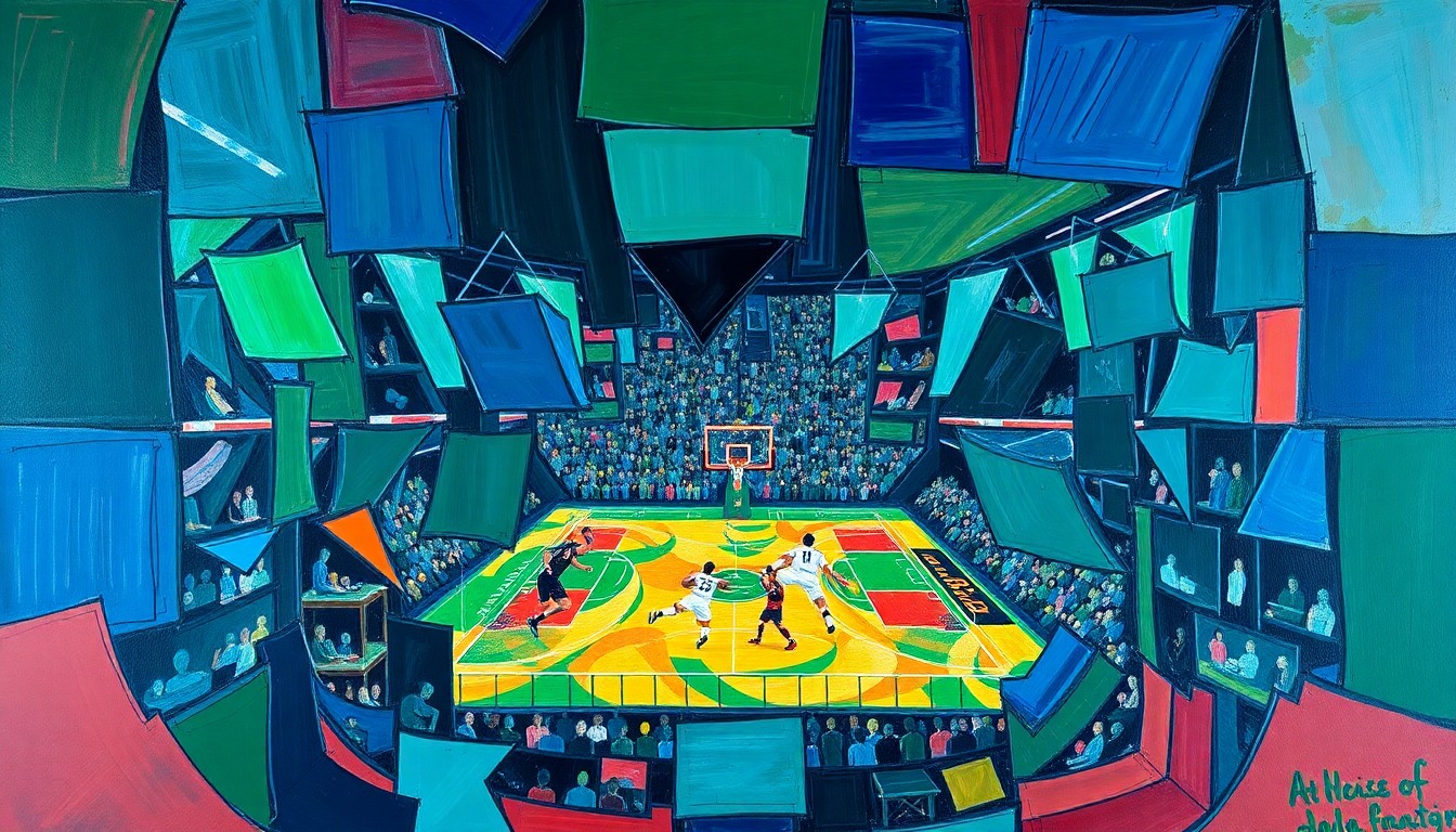 A cubist, geometric painting featuring overlapping planes of deep blue, green, and red, conceptually representing the fragmented and complex landscape of sports broadcasting.