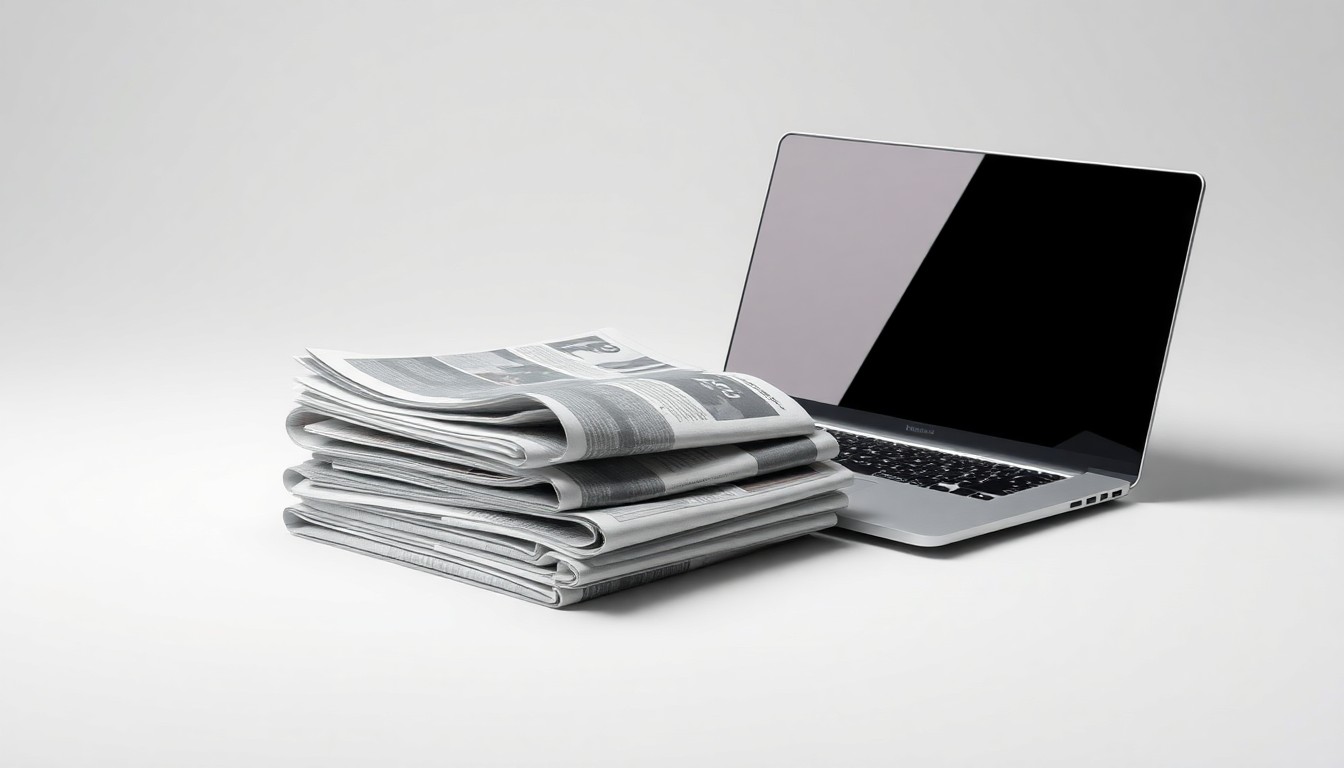 A photorealistic studio still life featuring a stack of newspapers and a modern laptop computer arranged elegantly on a clean, white background, conceptually representing the transformation of the news industry.