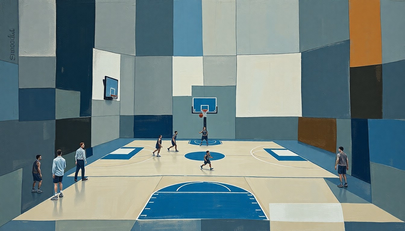 A cubist-style painting depicting a fragmented basketball court and players, with sharp geometric shapes and planes in muted colors, conceptually representing the upheaval in the Bulls' front office.