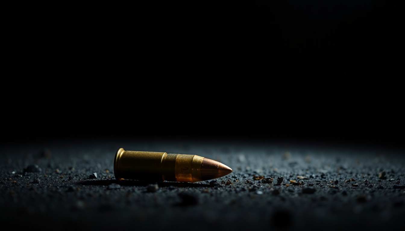 An extreme close-up of a spent bullet casing on the ground, reflecting the harsh lighting and creating a stark, gritty, investigative visual metaphor for the shooting incident.