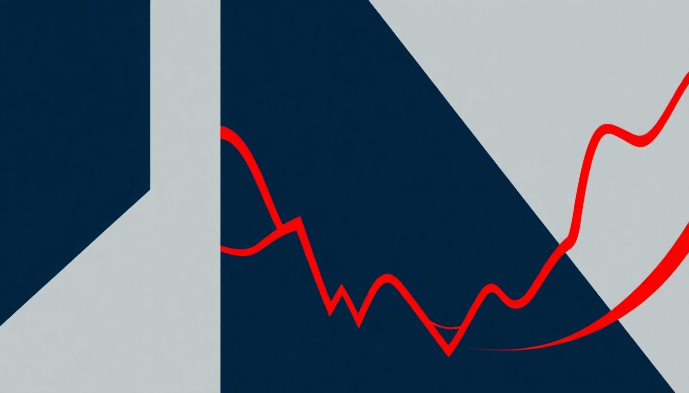 An abstract geometric composition using bold navy, grey, and crimson shapes to conceptually represent the disruption of global economic systems and rising inflation pressures.